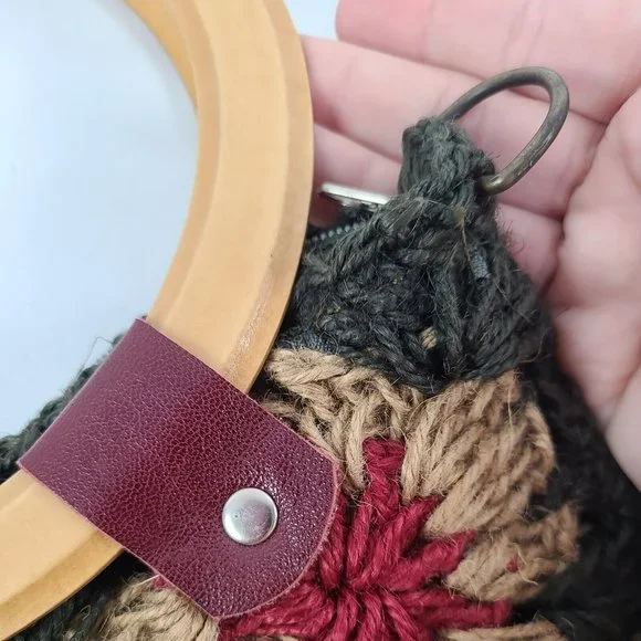 Jute Floral Crochet Handbag Purse Tote Boho Flowers Patchwork Wood Handle Bag - Picture 11 of 14